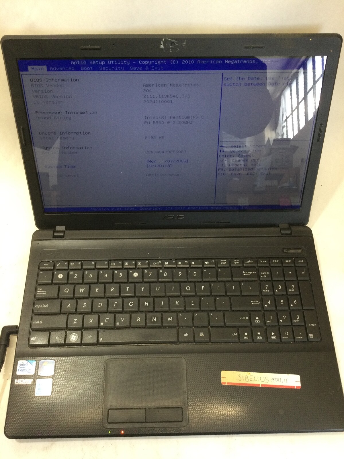 ASUS NOTEBOOK X54C – INTEL PENTIUM B960 – NO RAM – BOOTS TO BIOS – READ DESC- BB