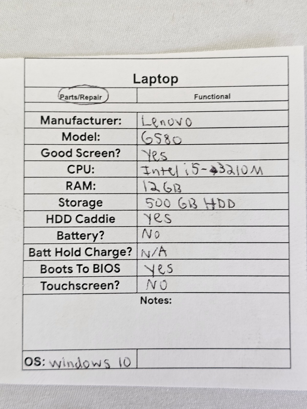 Lenovo G580 Laptop – i5-3210M – 12GB RAM – 500GB HDD – NO BATTERY – Windows 10