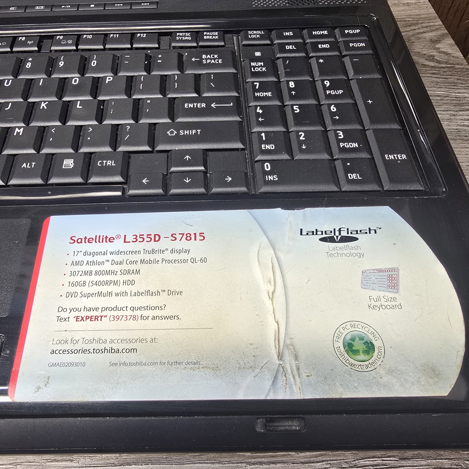 Toshiba Satellite L355D-S7815 17″ Laptop AMD QL-60 3GB 160GB Win7 COA