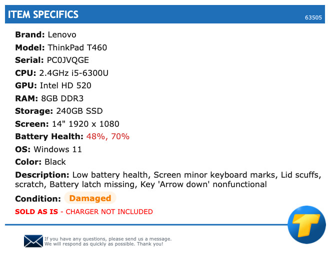 Lenovo ThinkPad T460 – 14″ FHD, 2.4GHz i5, 8GB RAM, 240GB SSD, Windows 11