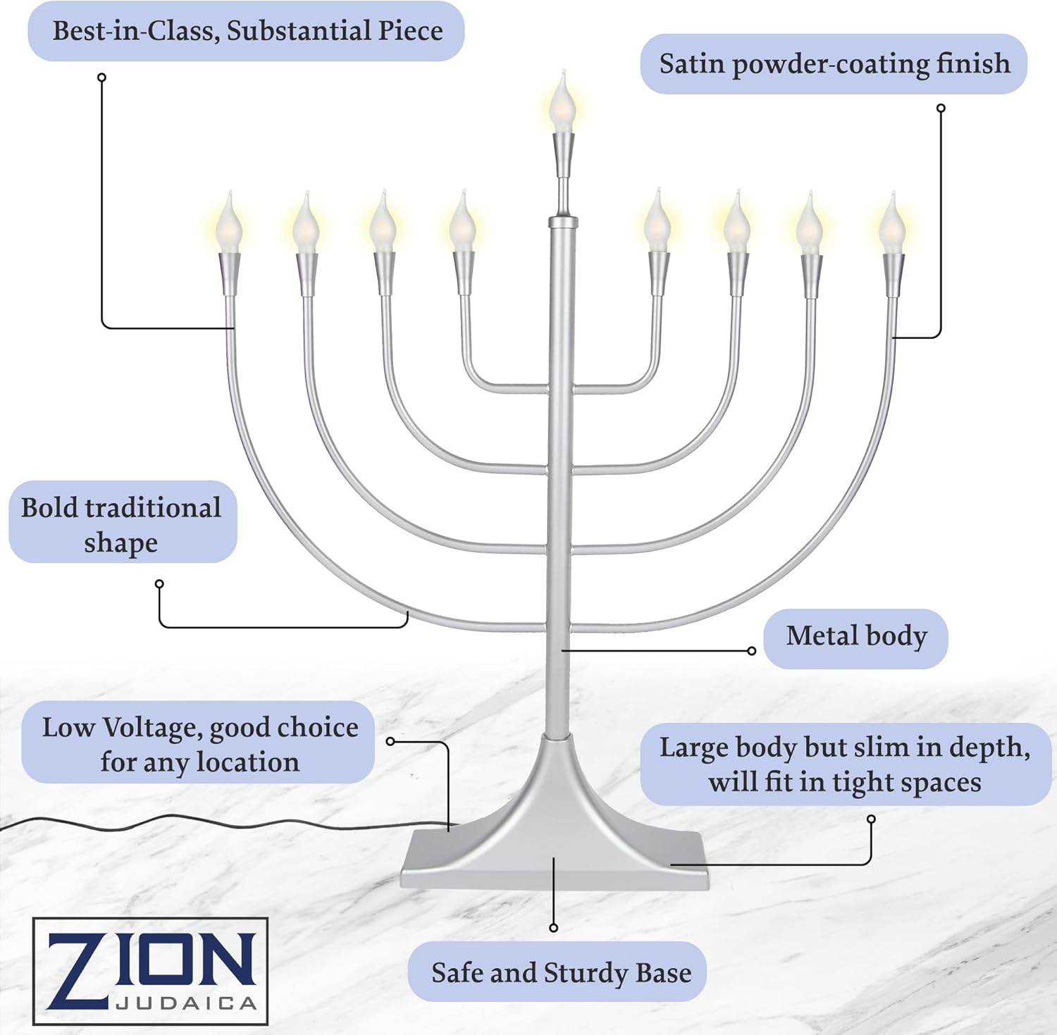 Extra Large Display Electric Menorah Satin Silver 23″ Tall – with Flame Shaped B