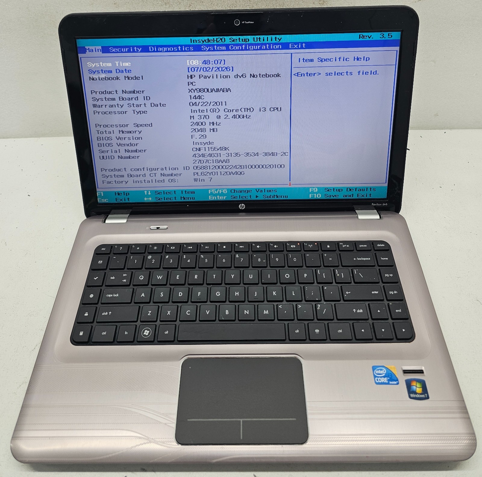 HP Pavilion DV6-3225DX 15.6″ Laptop Intel Core i3-370M 2GB Ram NO HD/OS (FL)