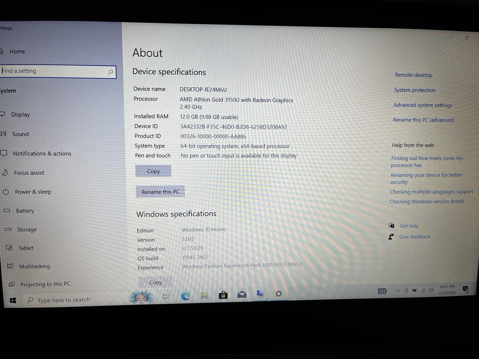 Lenovo V14-ADA 82C6 Laptop AMD Athlon Gold 3150U 12GB RAM 500gb SSD Windows 10