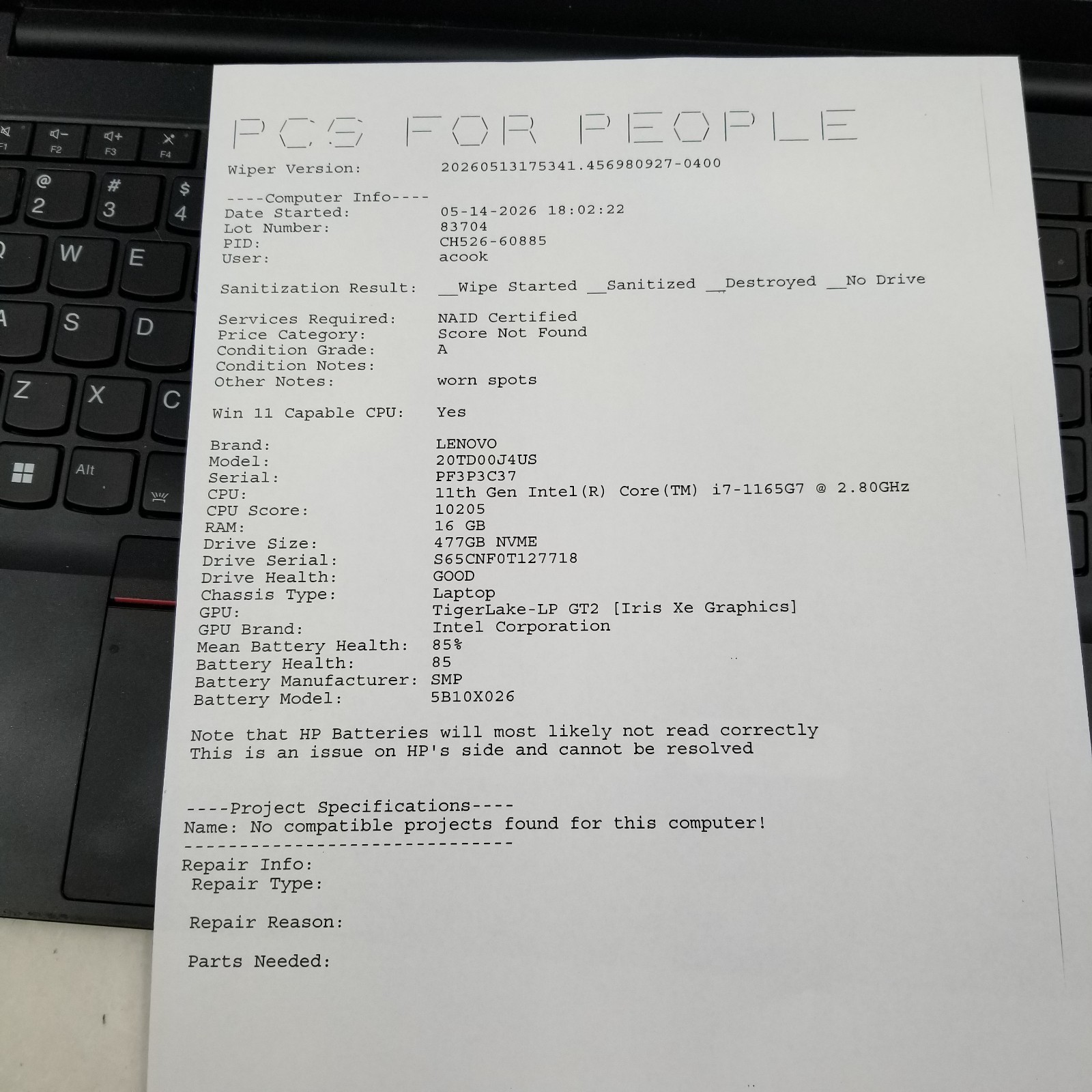 Lenovo ThinkPad E15 Gen 2 Intel Core i7-1165G7 2.80GHz 16GB 512GB SSD