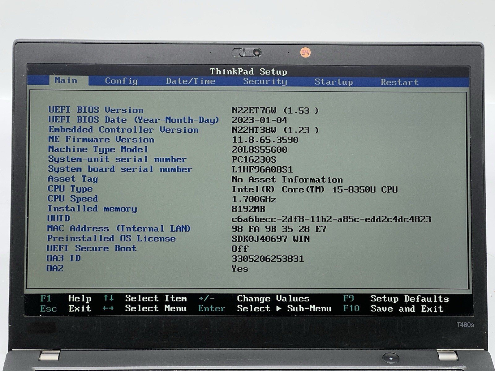 Lenovo ThinkPad T480s, i5-8350U CPU, @ 1.70GHz, 8GB RAM-No HDD/OS/Charger