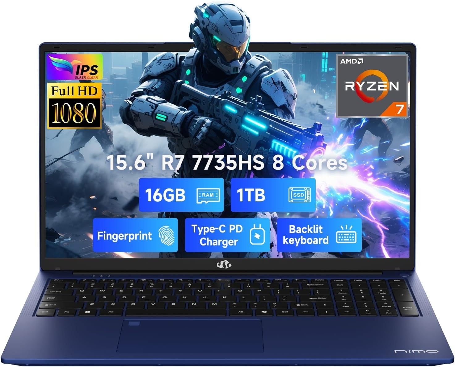 NIMO 15.6 IPS FHD-Gaming-Laptop AMD 8 Cores Ryzen 7 7735HS 16GB DDR5 RAM 1TB SSD