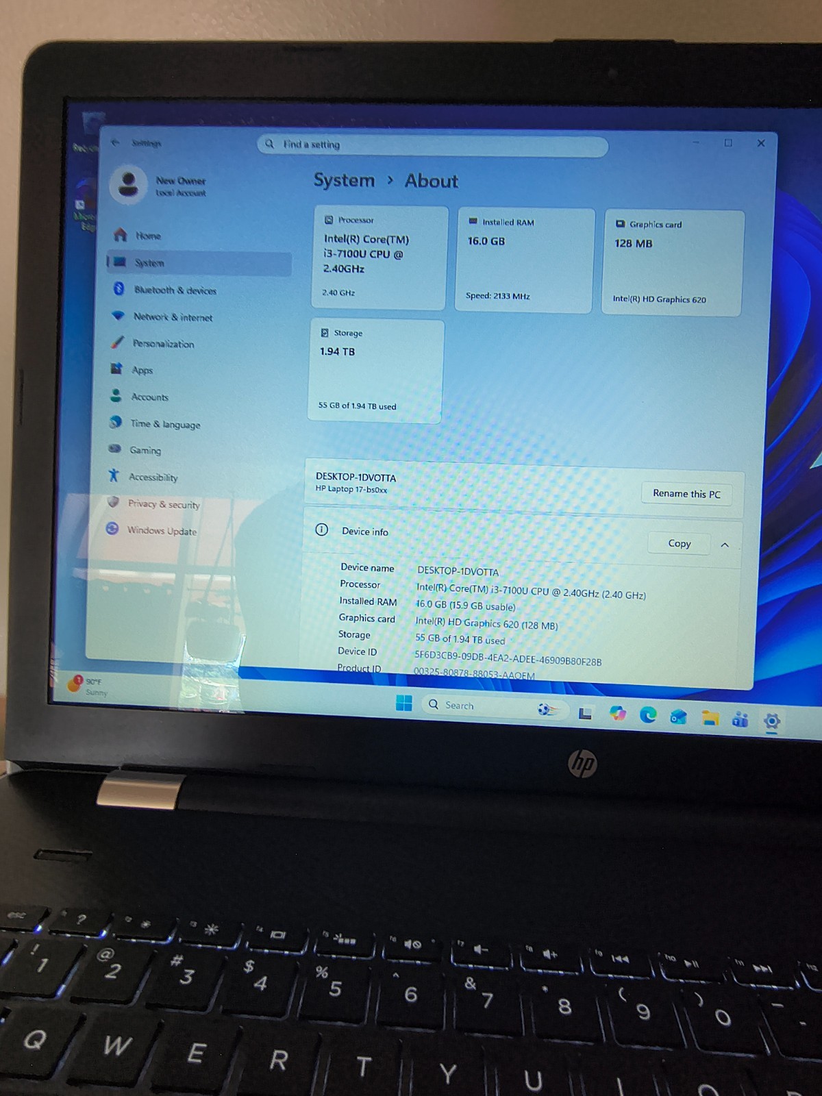 HP Notebook 17-bs004cy Core i3-7100U@2.50GHz 16GB Ram.128GB SSD+2TB HDD Win11Hm