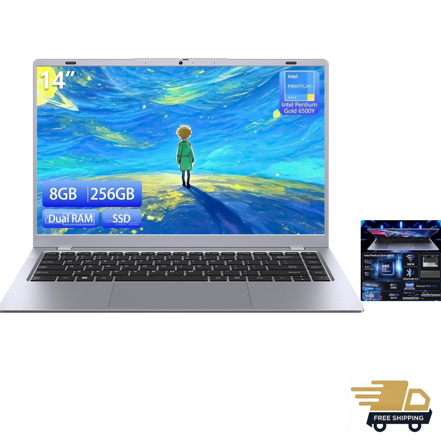 2026 Silver Laptop, Pentium Gold 6500Y ProcessorUp to 3.4GHz,8GB RAM 256GB SS…