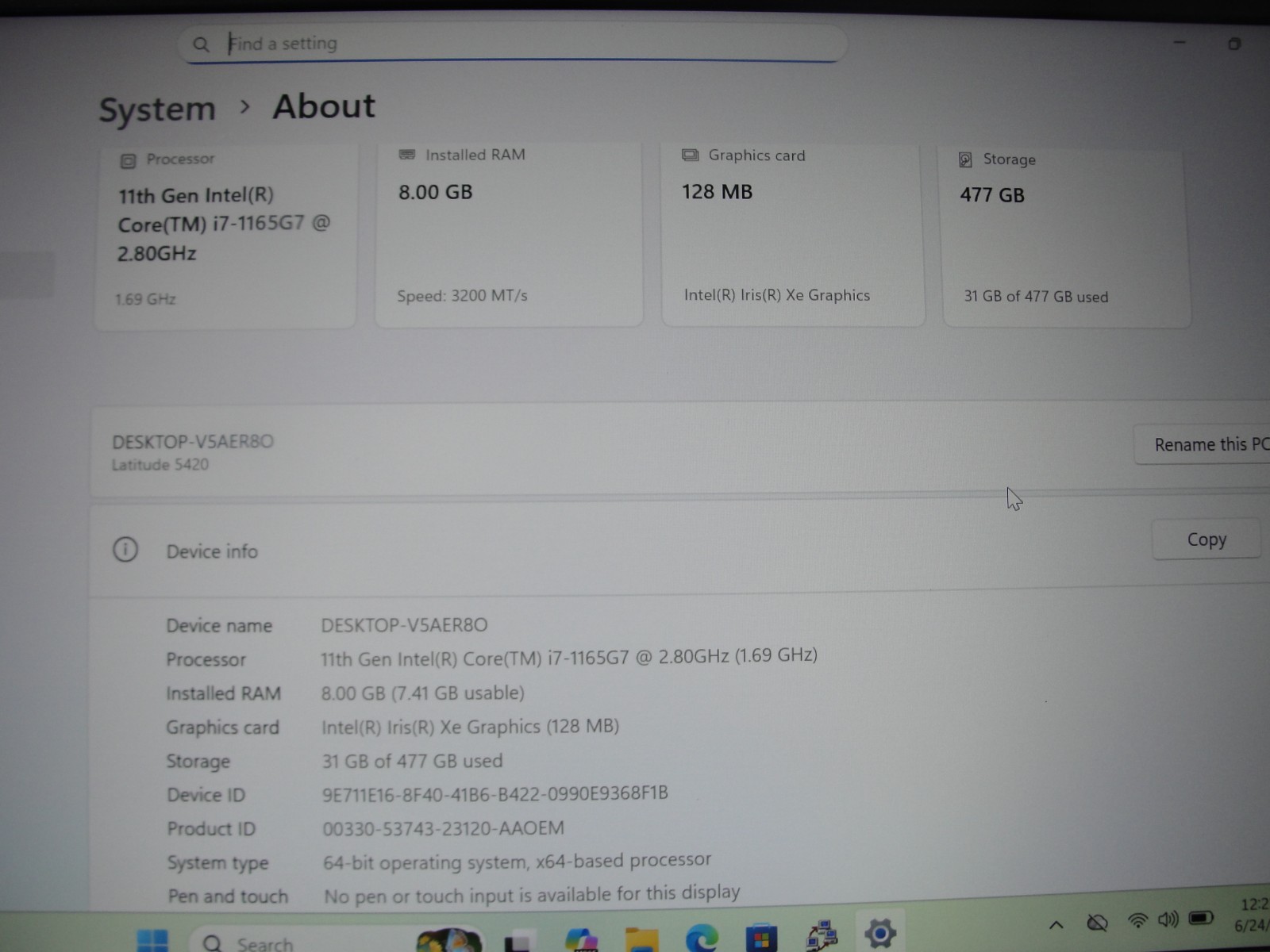 Dell Latitude 5420 14″ FHD Intel Core i7-1165G7 8GB RAM 512GB SSD + PA