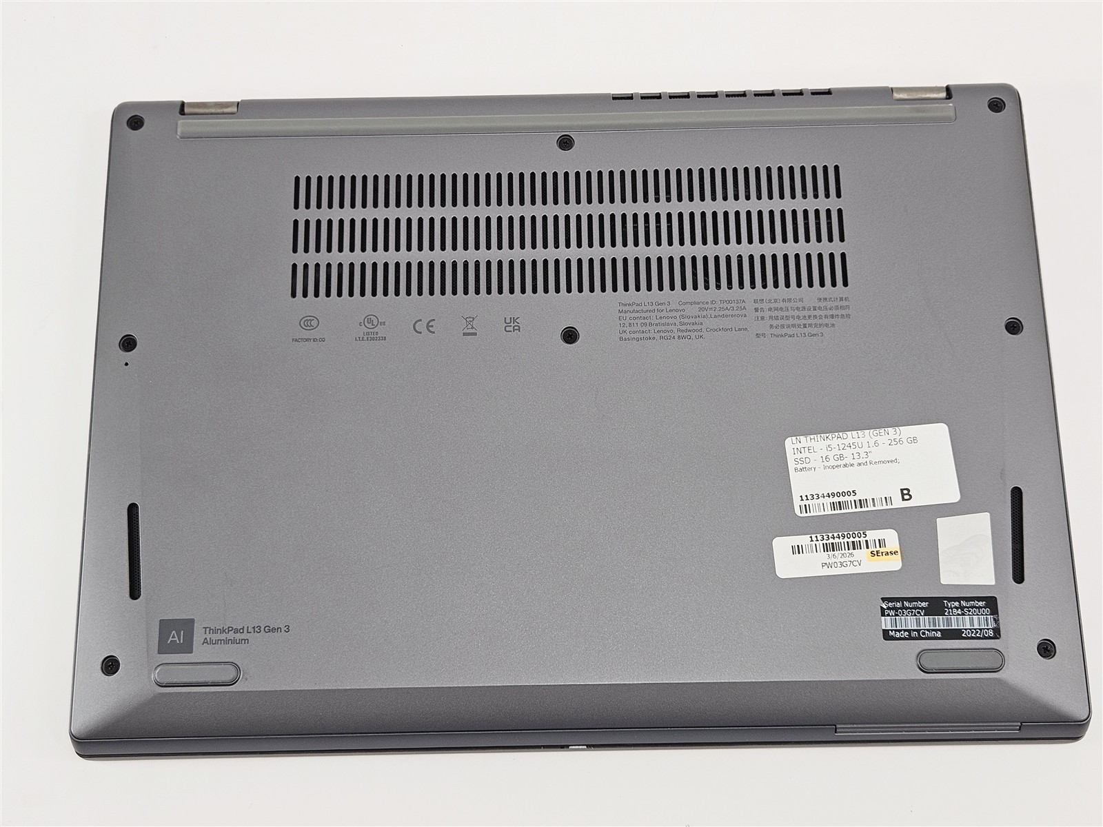 ThinkPad L13 Gen 3 Lenovo i5-1245U 256GB SSD 16GB RAM 13.3″ No OS