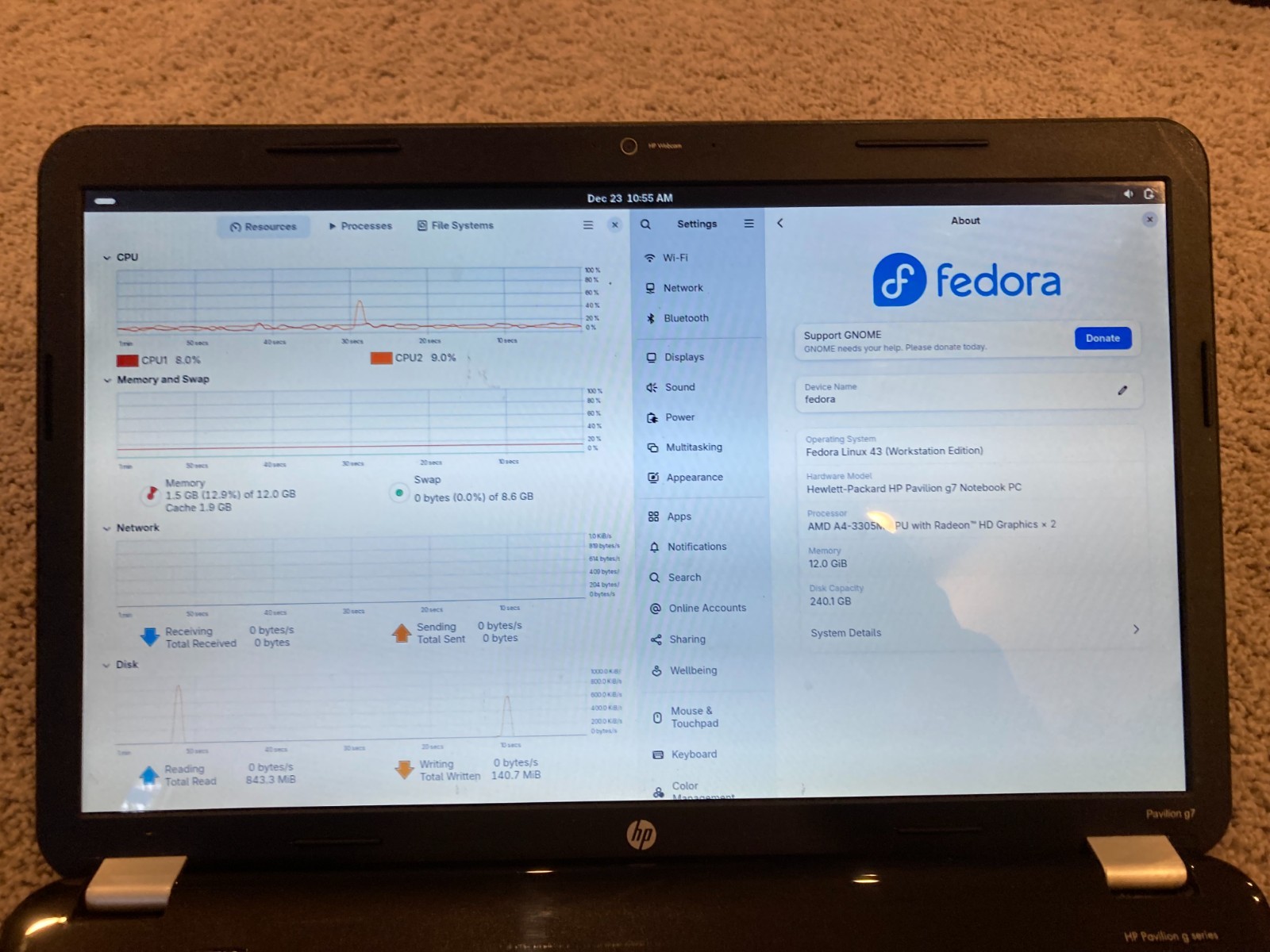 HP Pavilion G7 Notebook 250GB HDD/AMD A4/12GB RAM/Fedora