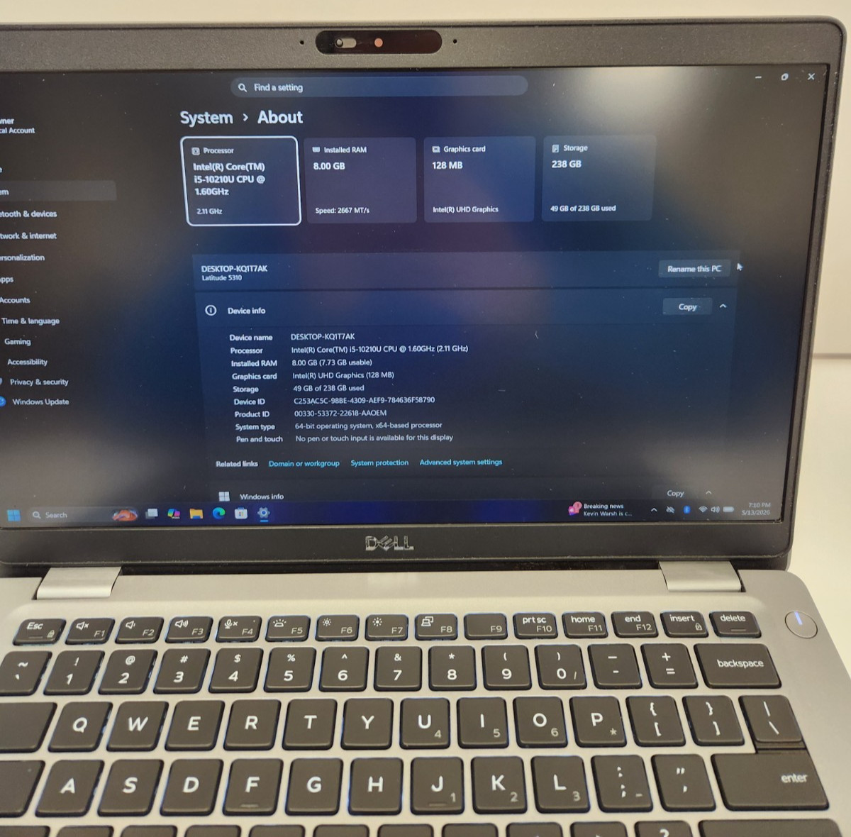 Dell LATITUDE 5310 Core i5-10210U, 8GB RAM, 256GB NVME, Win11 PRO #0483