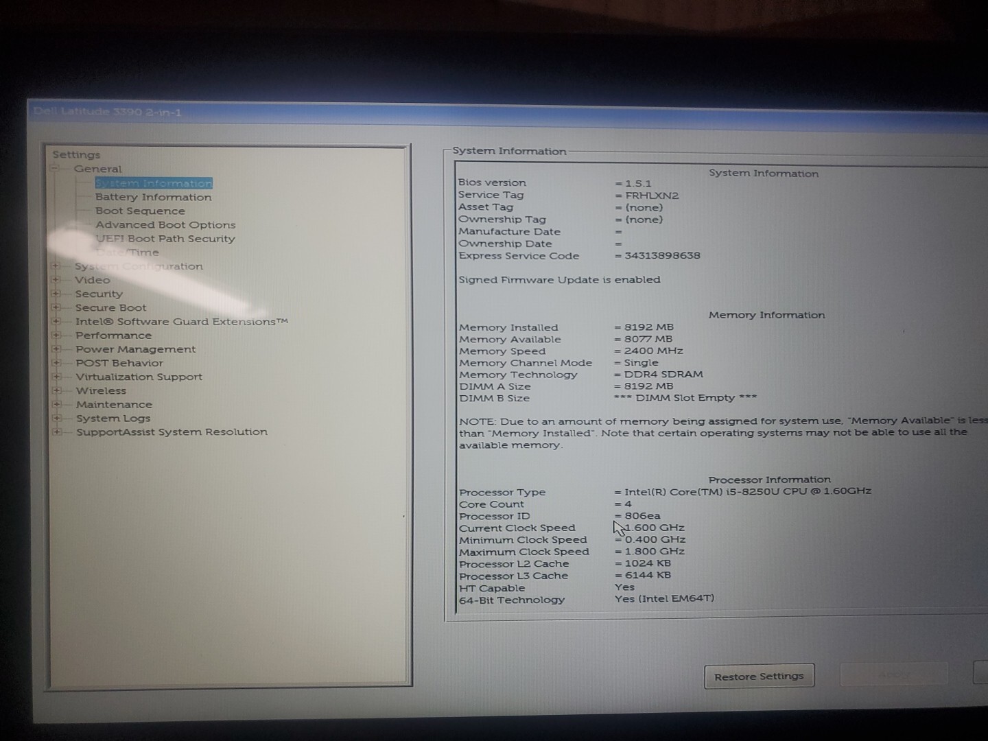 Dell Latitude 3390 (2-in-1) Intel i5 8250U 1.6GHz 8GB 256GB