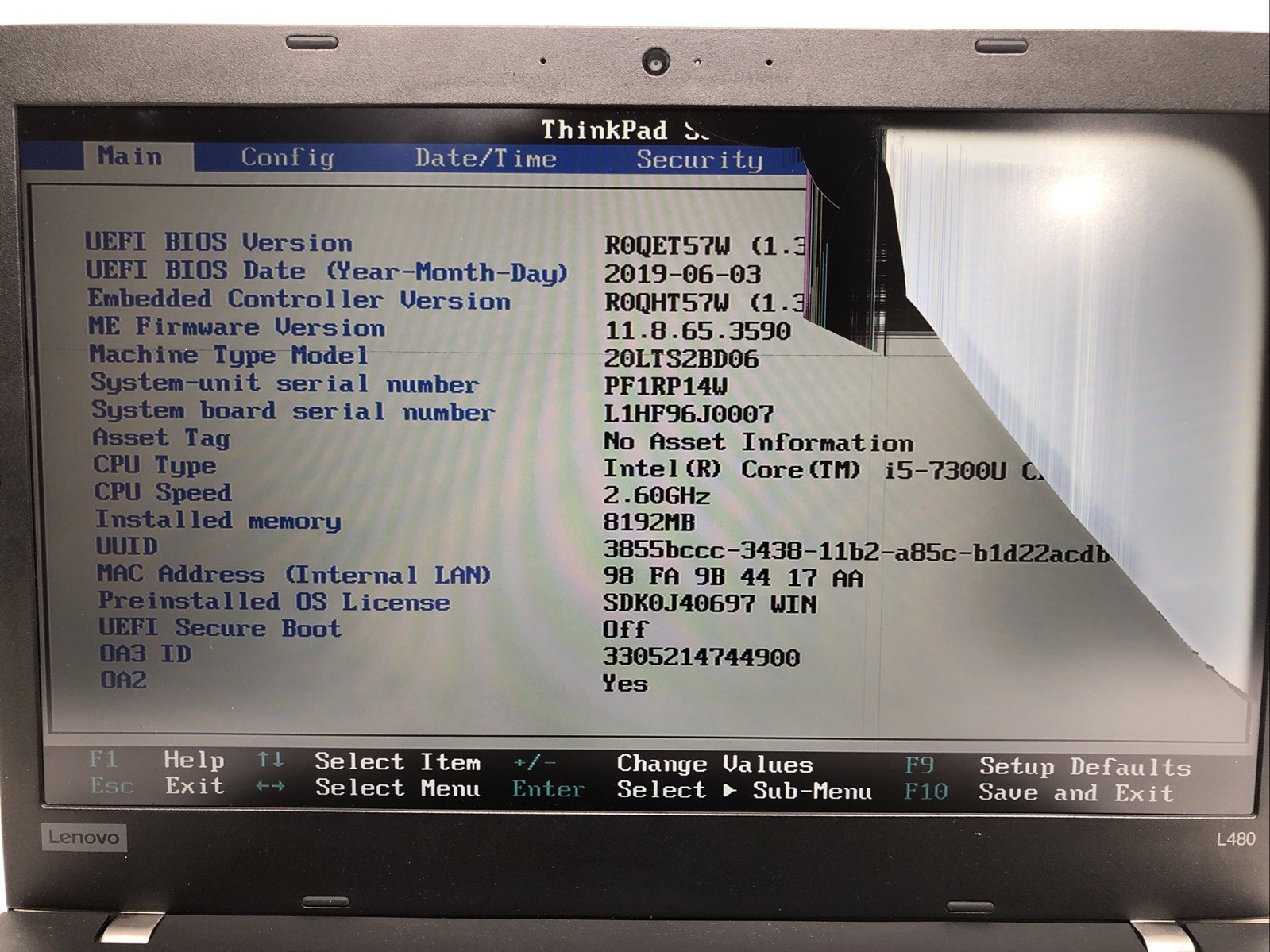 Lenovo ThinkPad L480, Intel Core i5-7300U @2.60Ghz, 8GB RAM, NO SSD/OS, PARTS