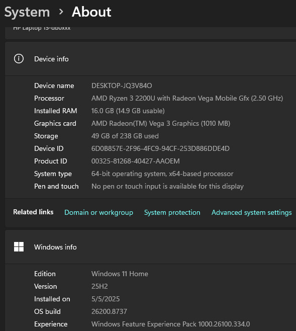 HP Laptop 15-db0051od – 16GB RAM, 256GB SSD, Office 2024, Windows 11 Home
