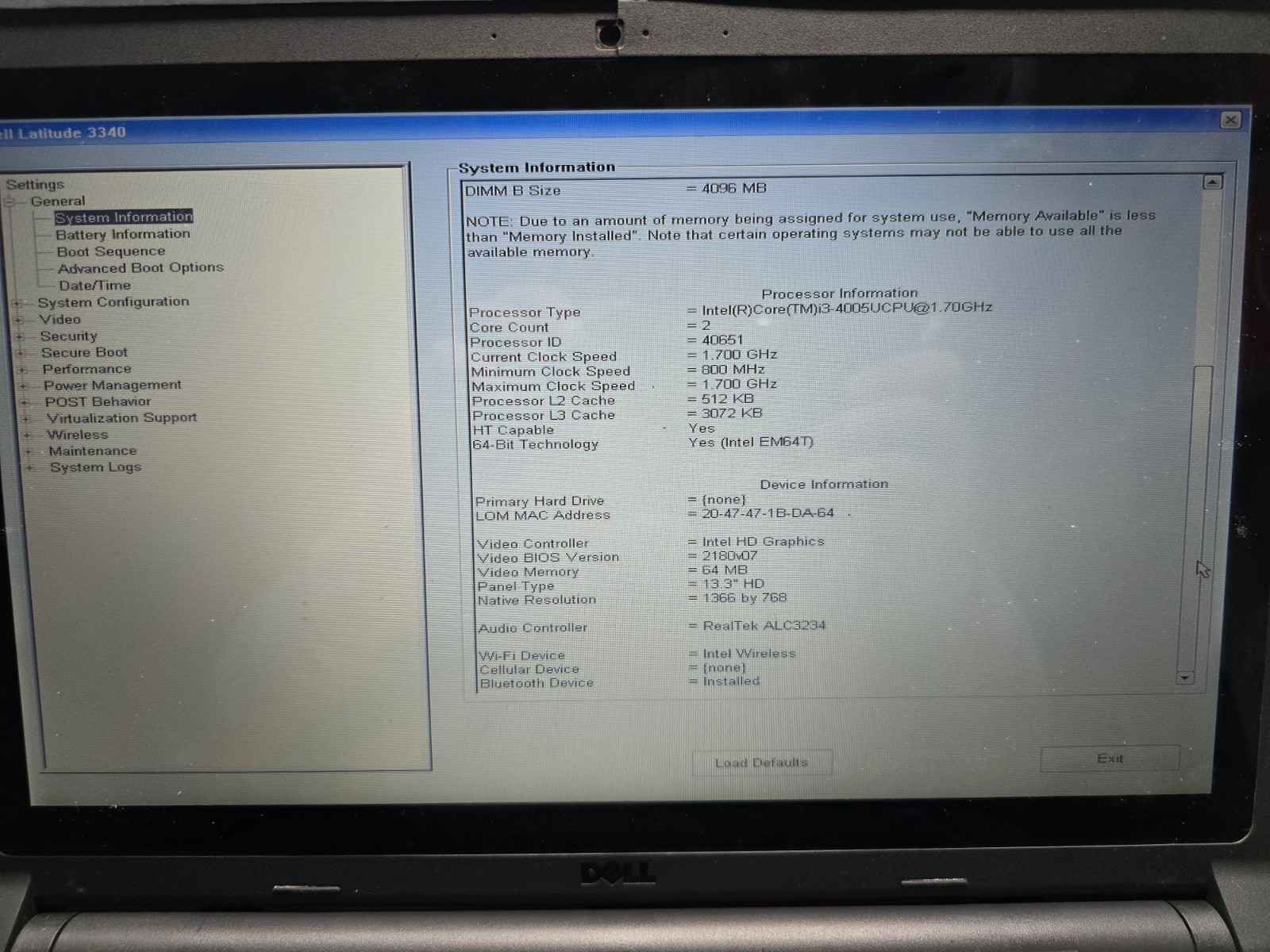 Dell Latitude 3340 Laptop Core i3-4005U 1.70 GHz 8 GB RAM NO HD NO OS #58