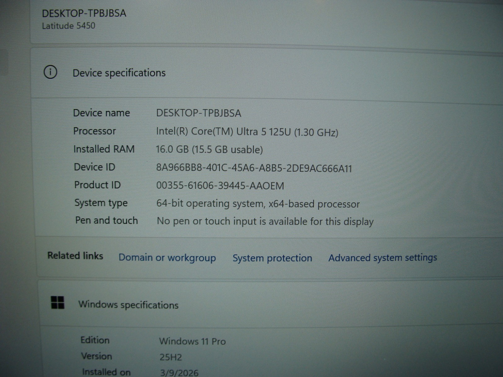 Dell Latitude 5450 14” FHD core Ultra 5 125U 1.3GHz 16GB 256GB W11P WRTY 08/2027