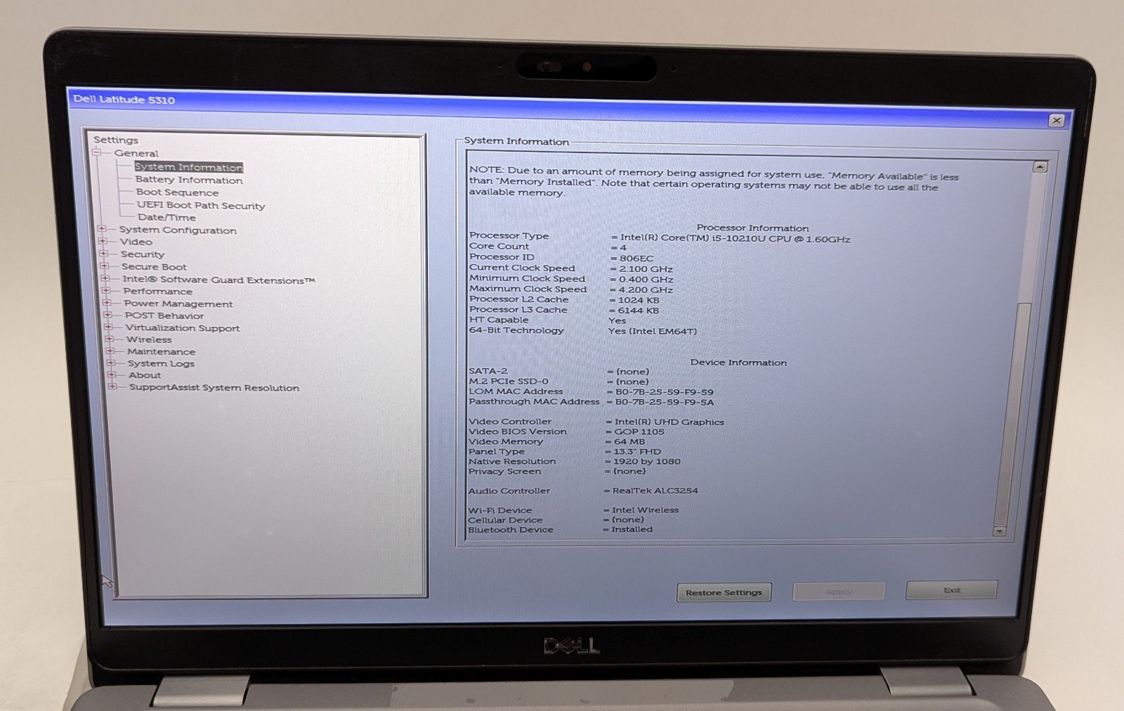 Incomplete Dell Latitude 5310 13.3″ Laptop Intel Core i5-10210U 1.60GHz 8GB RAM