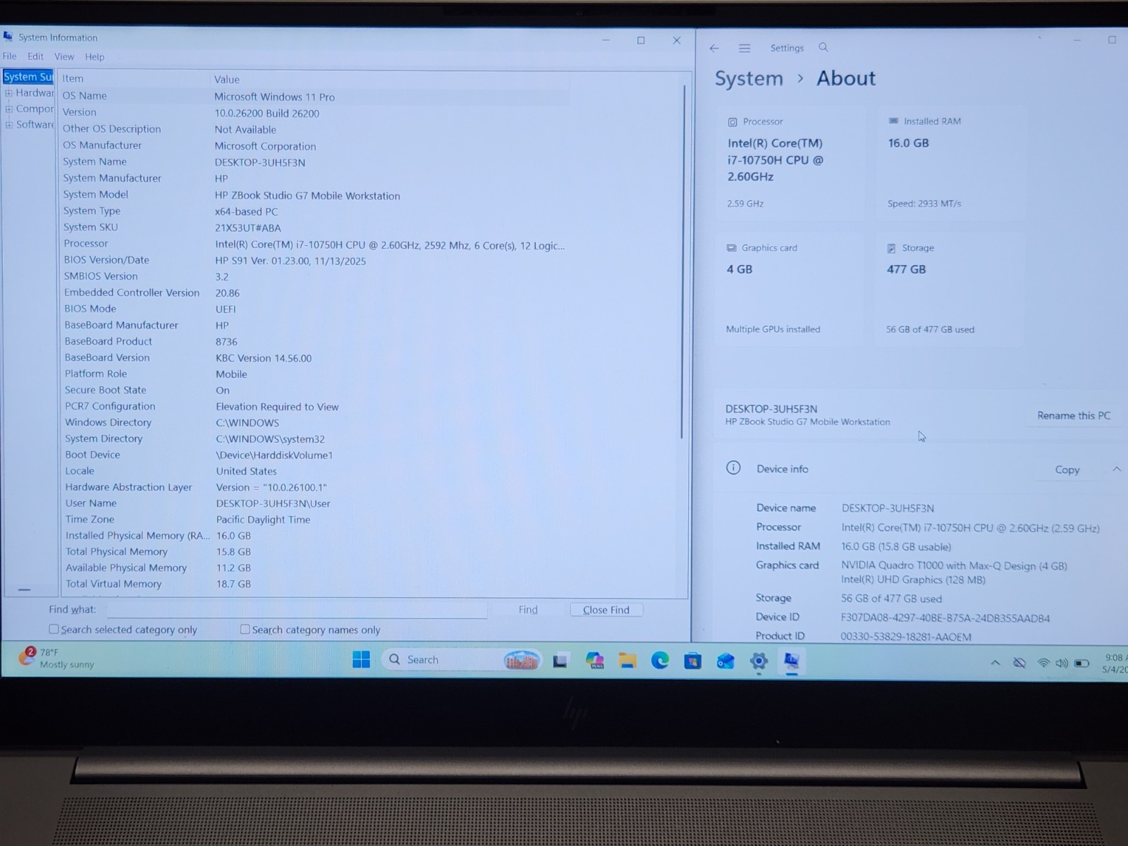 HP ZBook Studio G7 Mobile Workstation i7-10750H 2.6GHz 16GB 512GB T1000 WIN 11