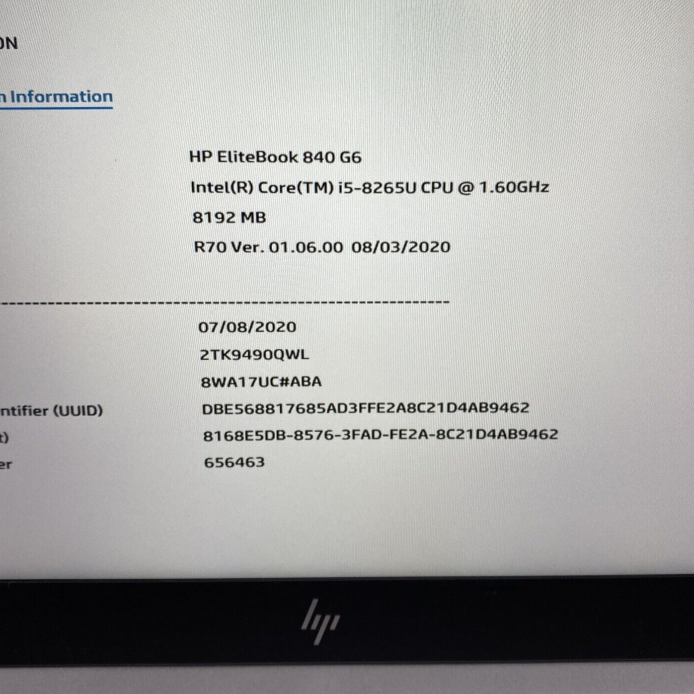 HP Elitebook 840 G6 14″ FHD | i5-8265U 1.60GHz | 8GB RAM | No SSD/OS | GRADE B