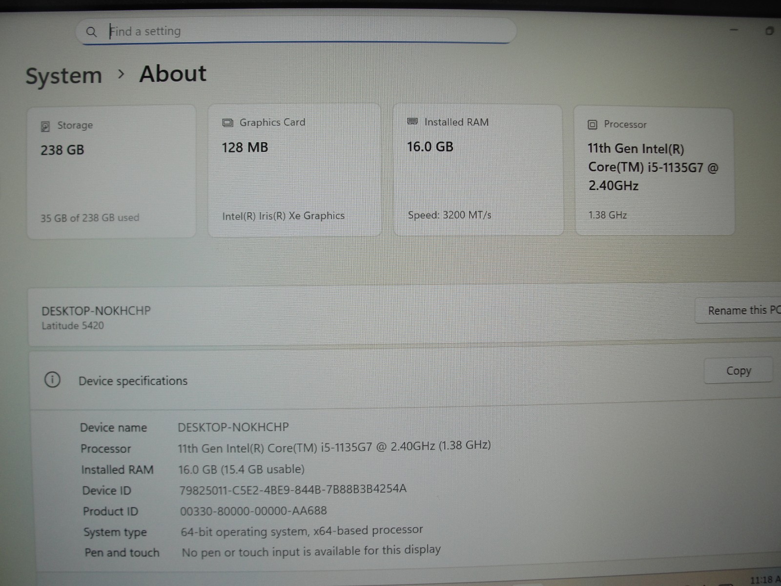Dell Latitude 5420 14″ FHD i5-1135G7 2.4GHz 16GB RAM 256GB SSD Warranty 03/14/26