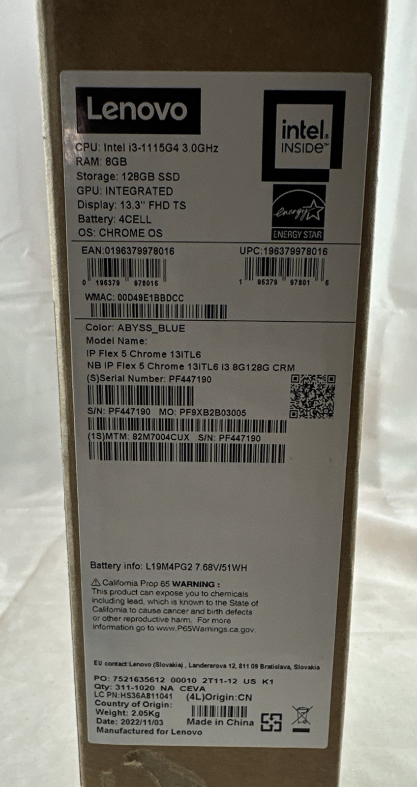 Lenovo IP Flex 5 Chrome 13ITL6 Intel Core i3 8GB RAM 128GB SSD ChromeOS Blue