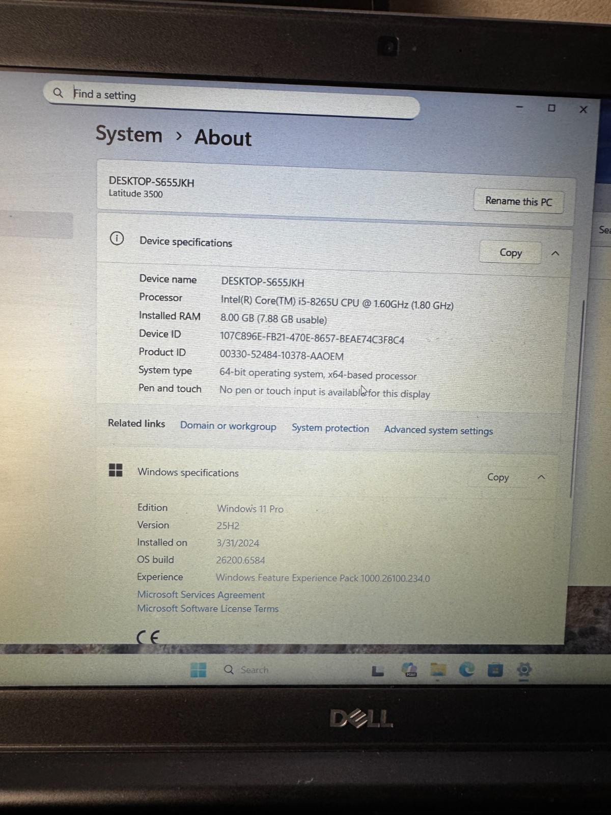Dell Latitude 3500 15.6″ FHD i5-8265U 8gb Ram 256gb SSD W11 Pro *READ #6220