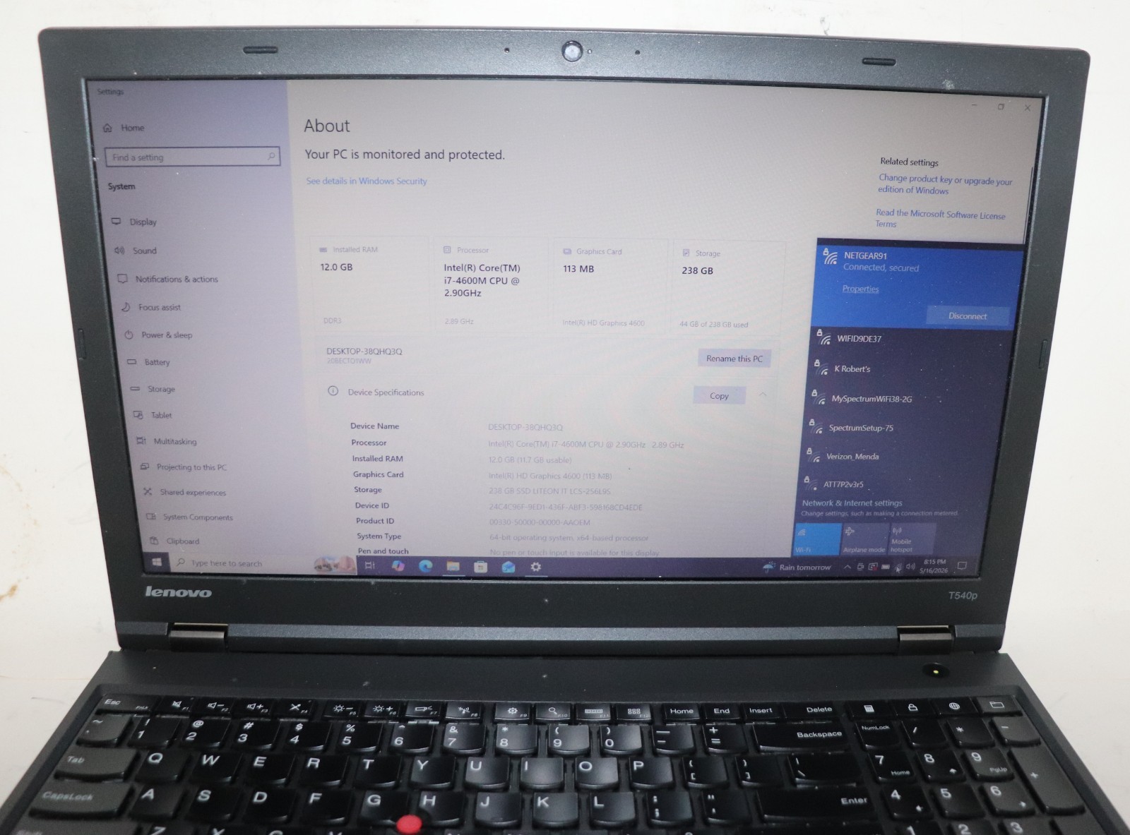 Lenovo ThinkPad T540p|Intel Core i7@2.90 GHz|12GB RAM|256GB SSD|Win10|Webcam