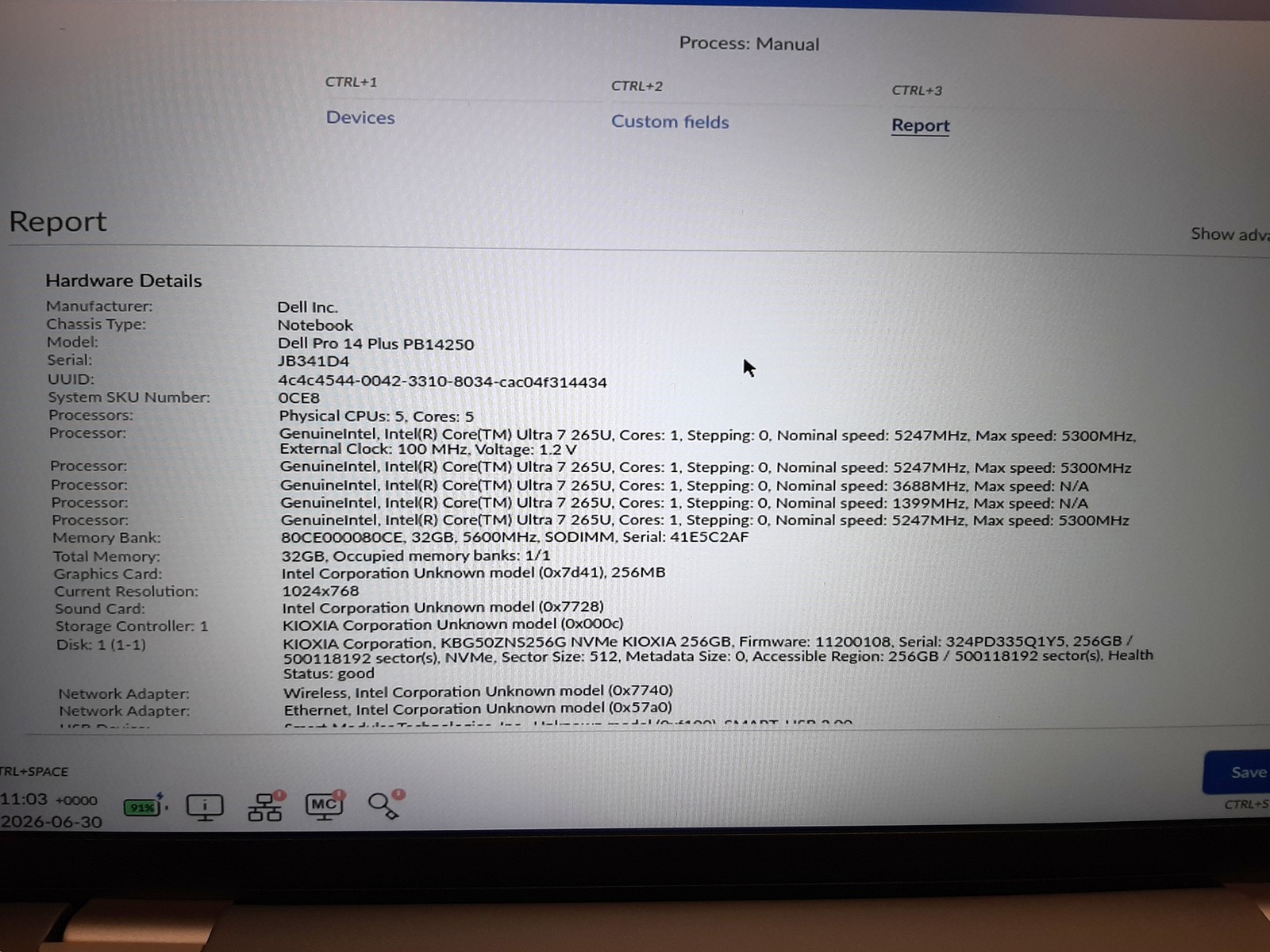 Dell Pro 14 Plus PB14250 Ultra 7 265U 2.40GHz 32GB RAM 256GB NVMe No A C4*284
