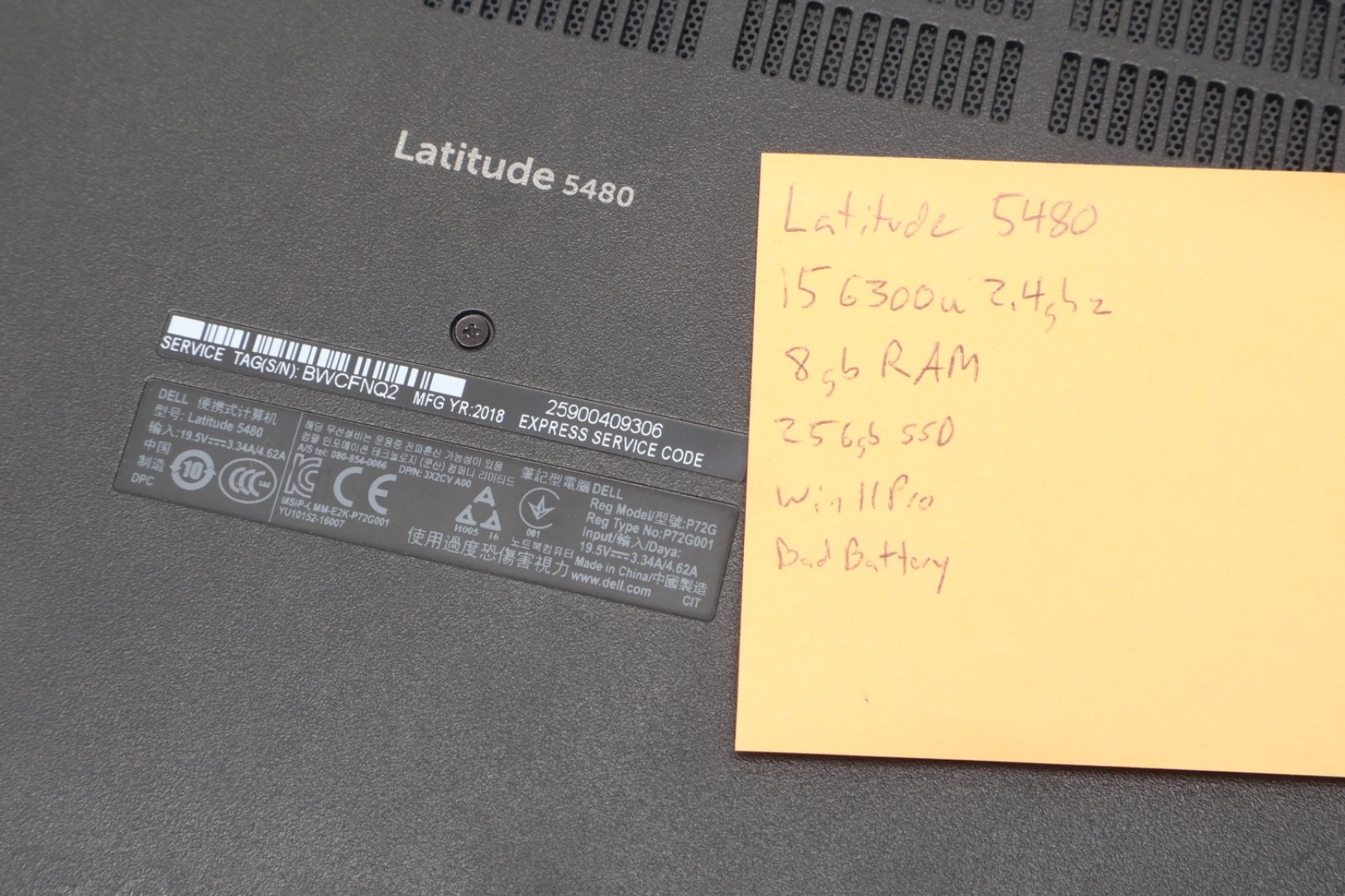 Dell Latitude 5480 Laptop Intel i5-6300u 2.5GHz 8GB 256gb SSD W11Pro BAD BATTERY