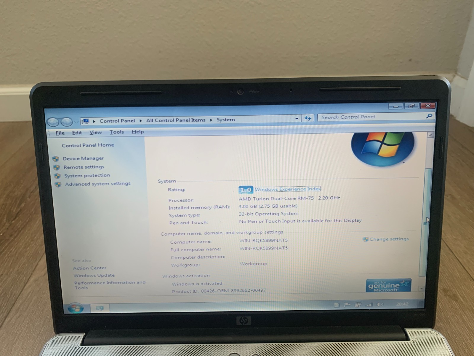 HP G60-445DX Notebook PC 15.6″ AMD Turion Dual-Core 2.20GHz 3GB RAM 160GB HDD