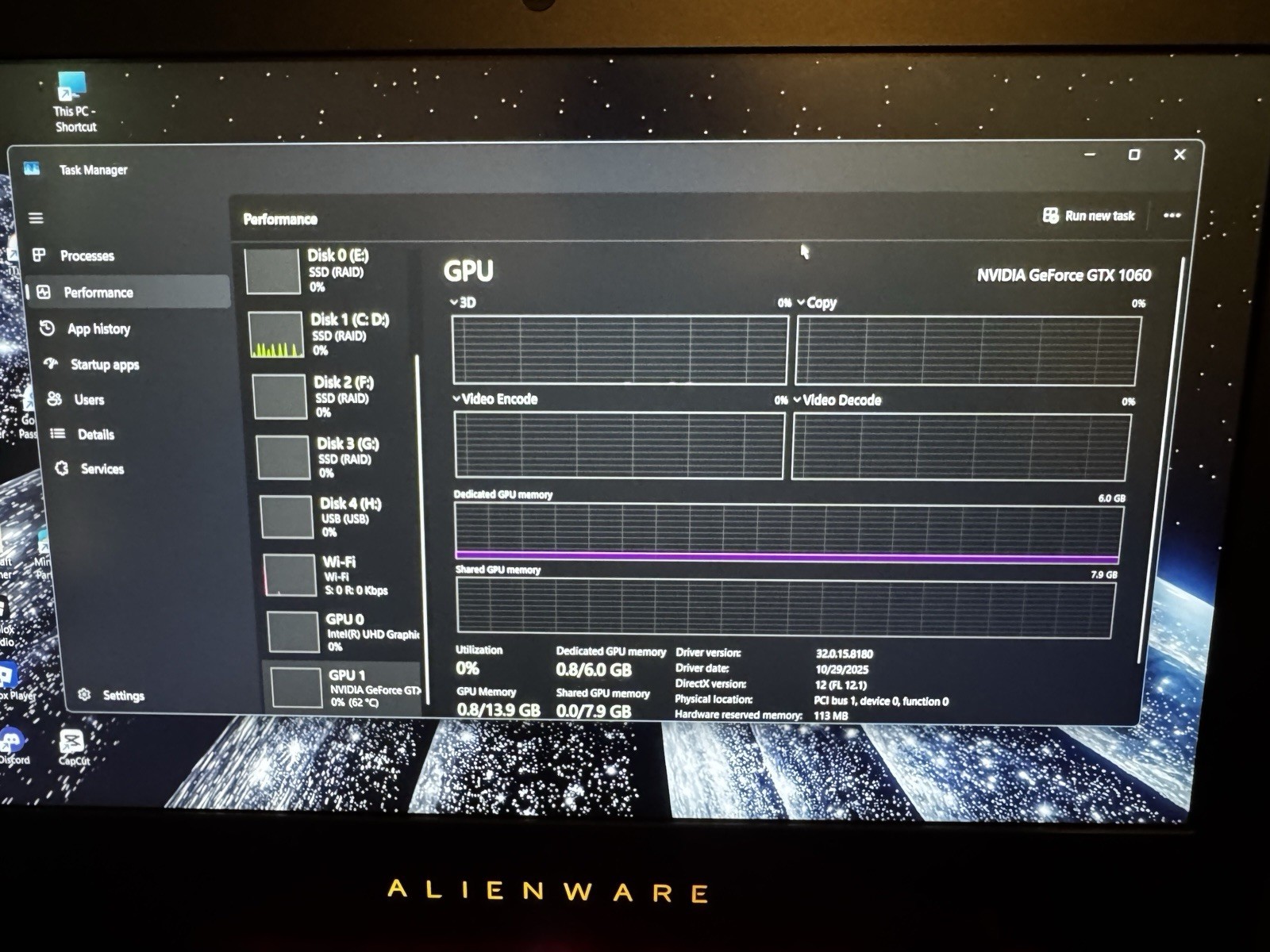 Alienware 15 R4 15.6in i7-8750H 16GB 1TB SSD GTX 1060 Win 11