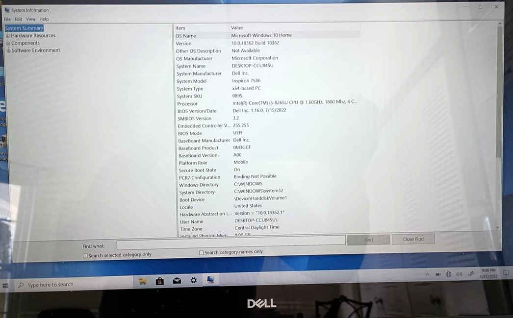 Dell Inspiron 7586 2 n 1 Touch S. i5-8265U, 16GB 512 M.2 SSD W10 Excell. Cond!