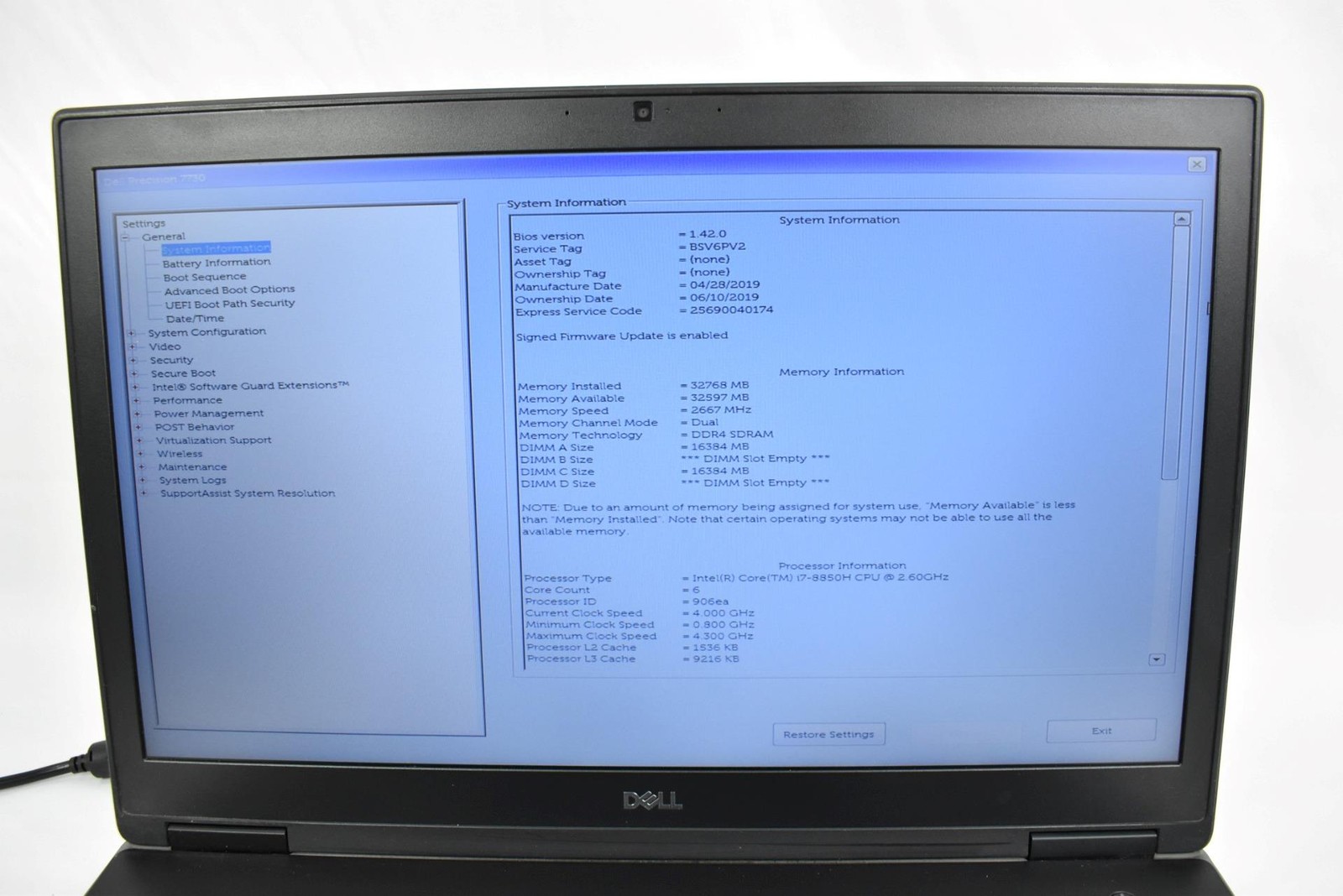 Dell Precision 7730 i7-8850H 2.6GHz 32GB 256GB SSD No OS 17.3″ Quadro P3200