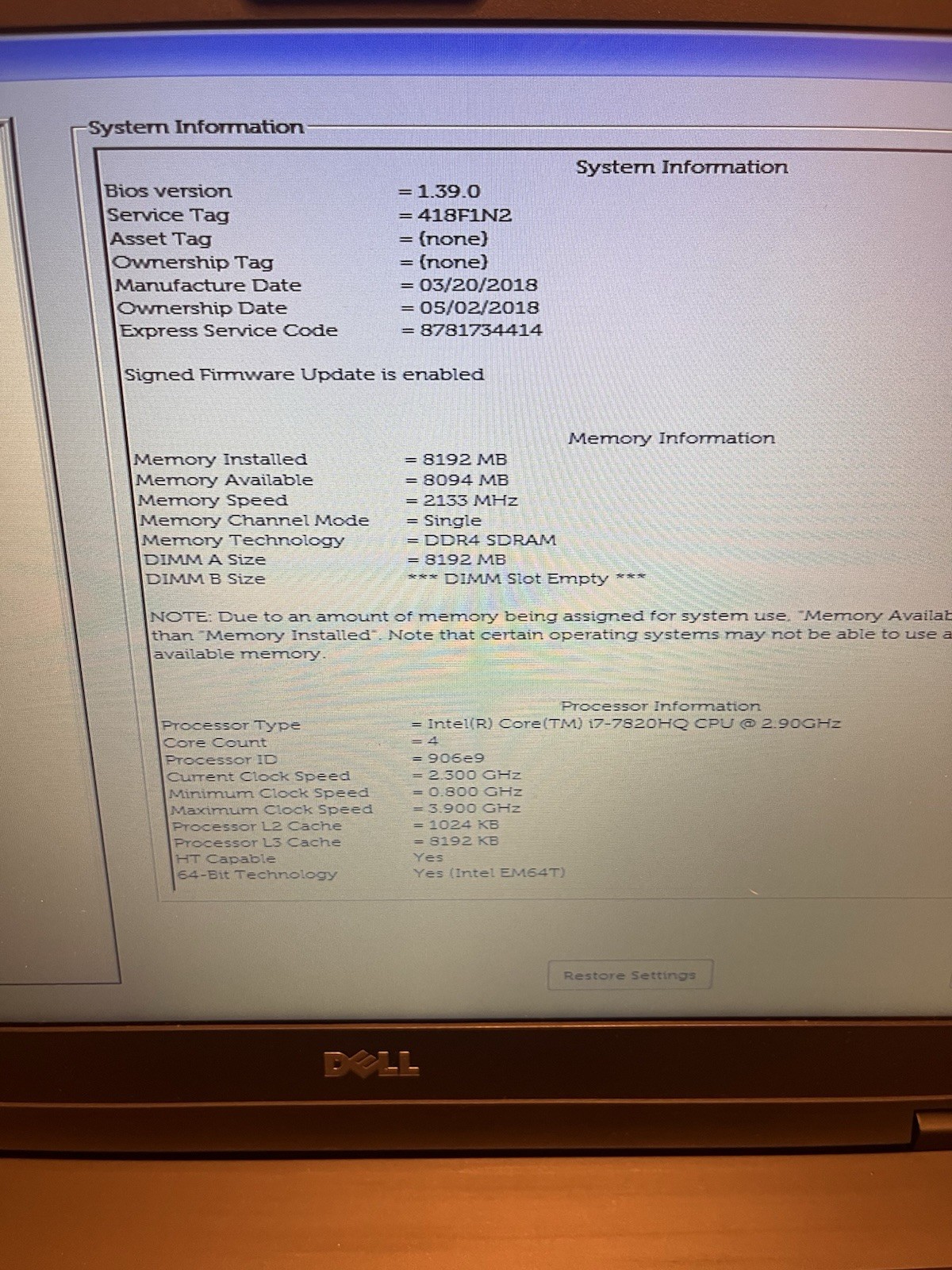Dell 5580 2.90GHz Quad- i7 7820HQ/8GB/256GB SSD/15.6″ FHD/Webcam/BT