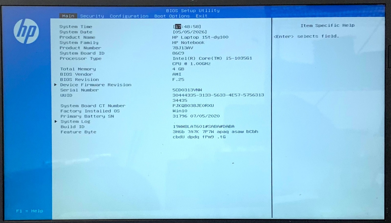 HP 15t-dy100 15.6″ Laptop i5-1035G1, No RAM/Storage, Boots to BIOS