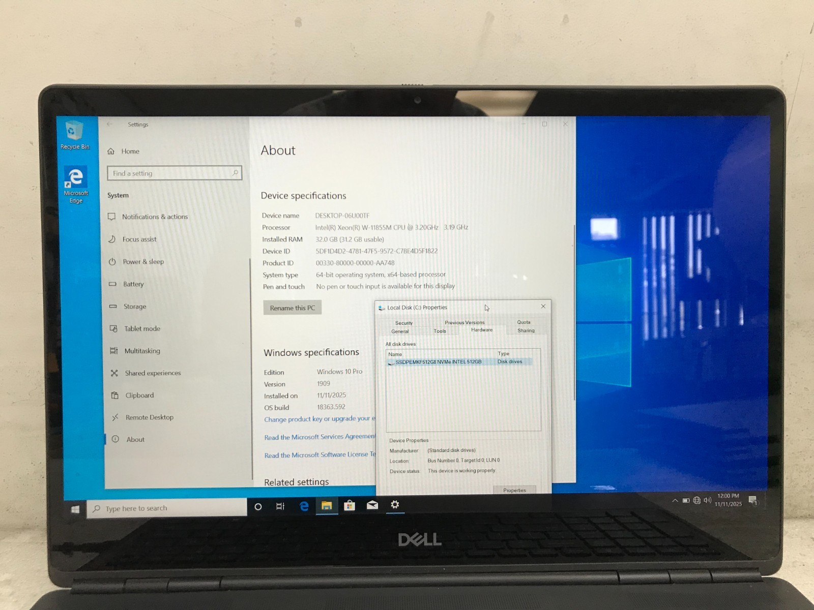 Dell Precision 7560 / Intel Xeon W-11855M 3.20GHz / 32GB RAM / 512GB SSD