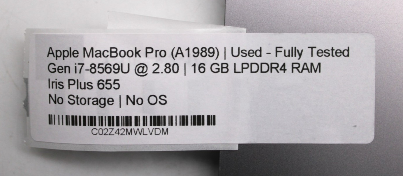 Apple MacBook Pro A1989-i7-8569U@2.8GHz-16GB DDR4 RAM-NO STORAGE/OS*USED/TESTED*