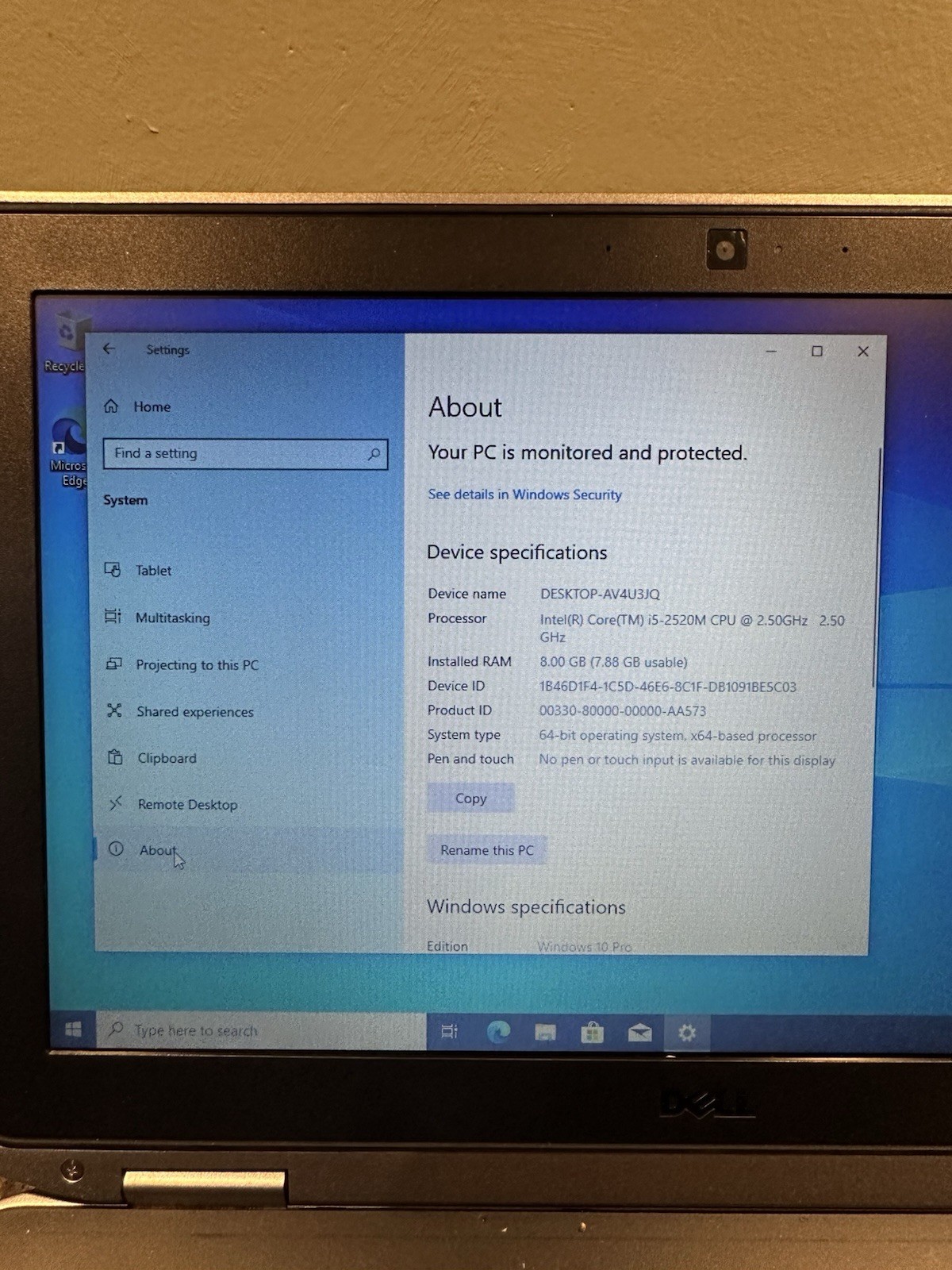 Dell Latitude E6320 Intel(R) Core(TM) i5-2520M 8GB CPU @ 2.50GHz Window 10 Pro