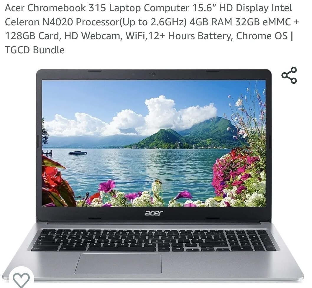 Acer 315 Chromebook 15.6in(64GB eMMC, Intel Celeron N4020, 1.1GHz, 4GB RAM)…