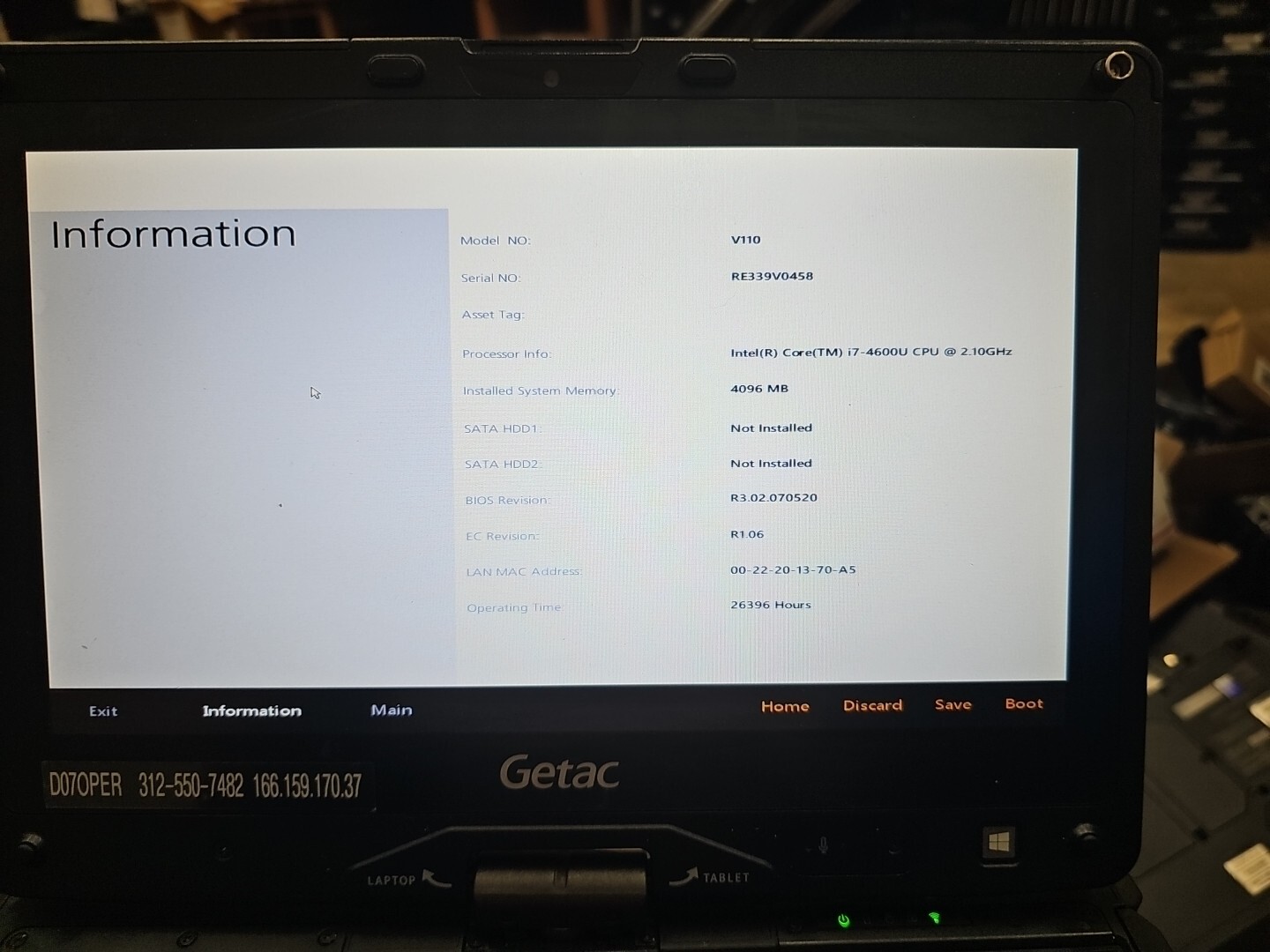 GETAC V110 Laptop Tablet Touch Screen i5-4300U 1.90GHz 4gB No HDD 26396 hrs