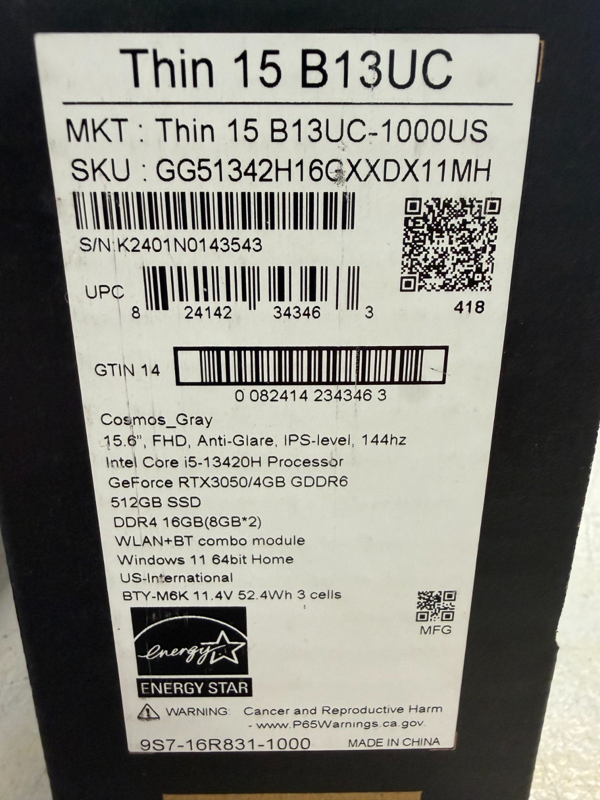 MSI Thin 15 B13UC 15.6″ i5-13420H 16GB 512GB SSD RTX 3050 Win 11