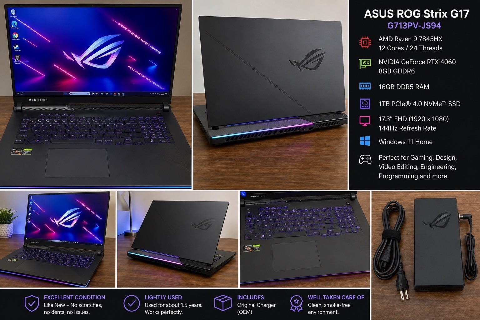 ASUS ROG Strix G17 17.3″ FHD Ryzen 9 7845HX RTX 4060 16GB 1TB W11H