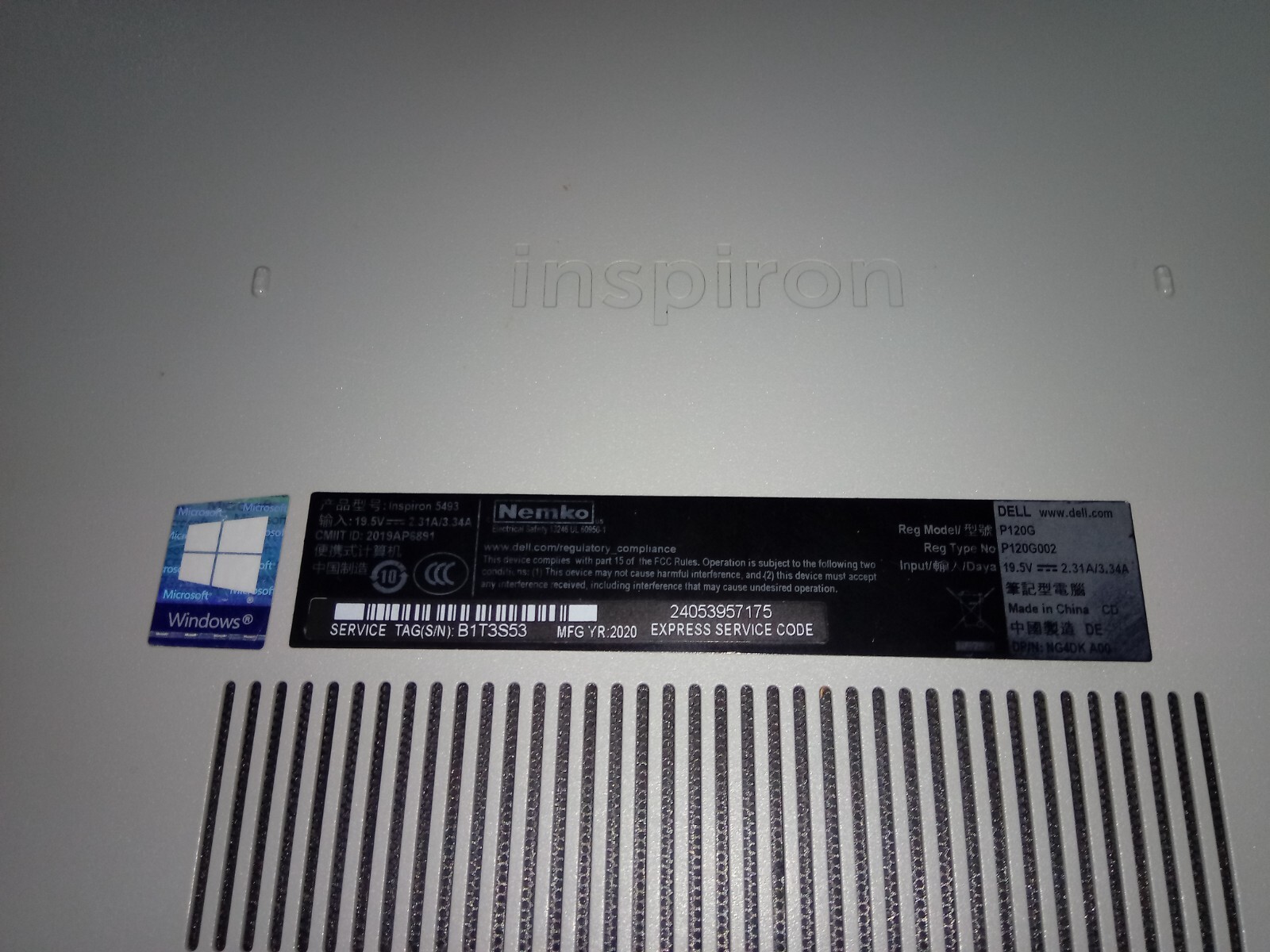 DELL INSPIRON 14 5493 LOWER CASE COVER