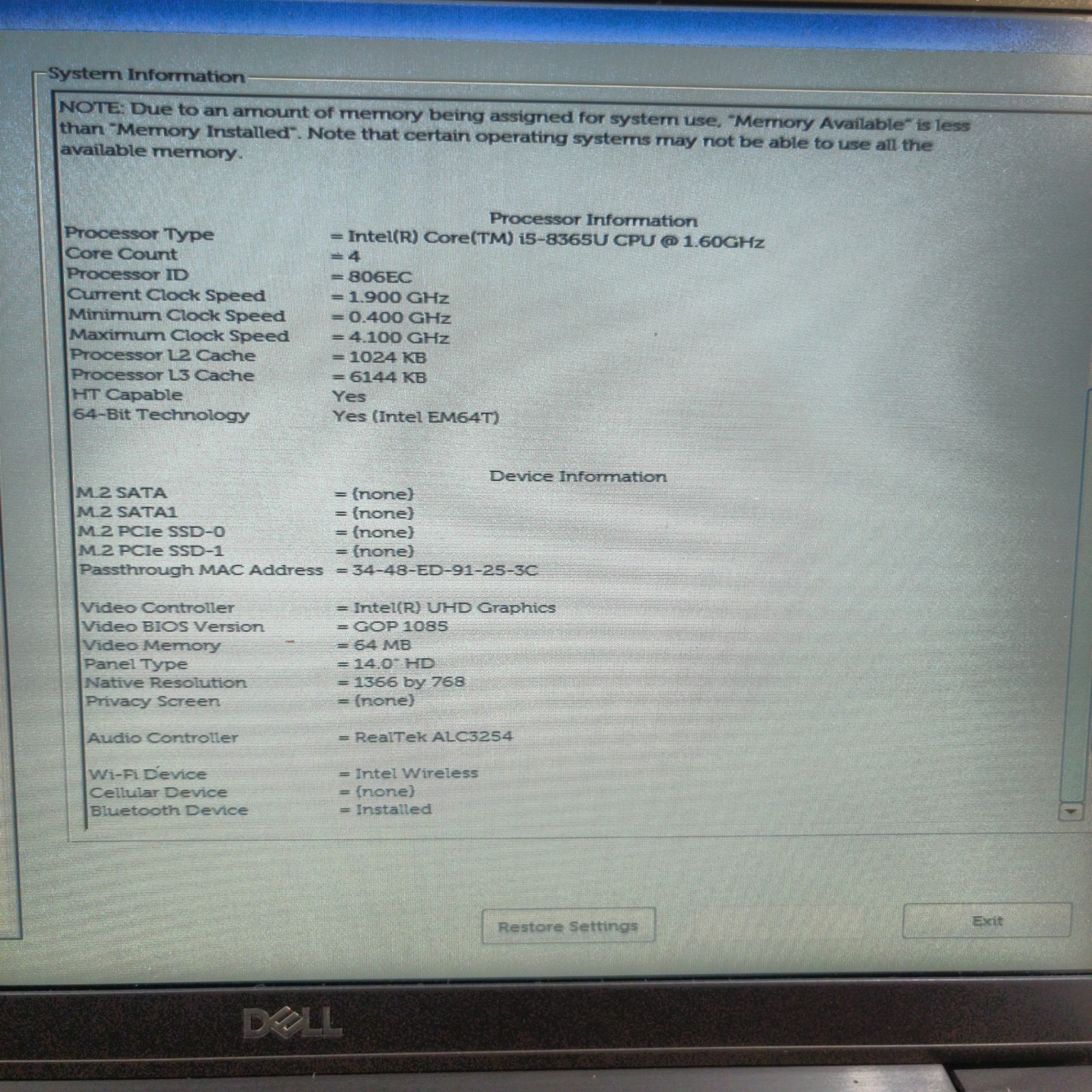 Dell Latitude 7400 14″ i5-8365U 16GB RAM NO SSD/OS/AC ADAPTER – TESTED
