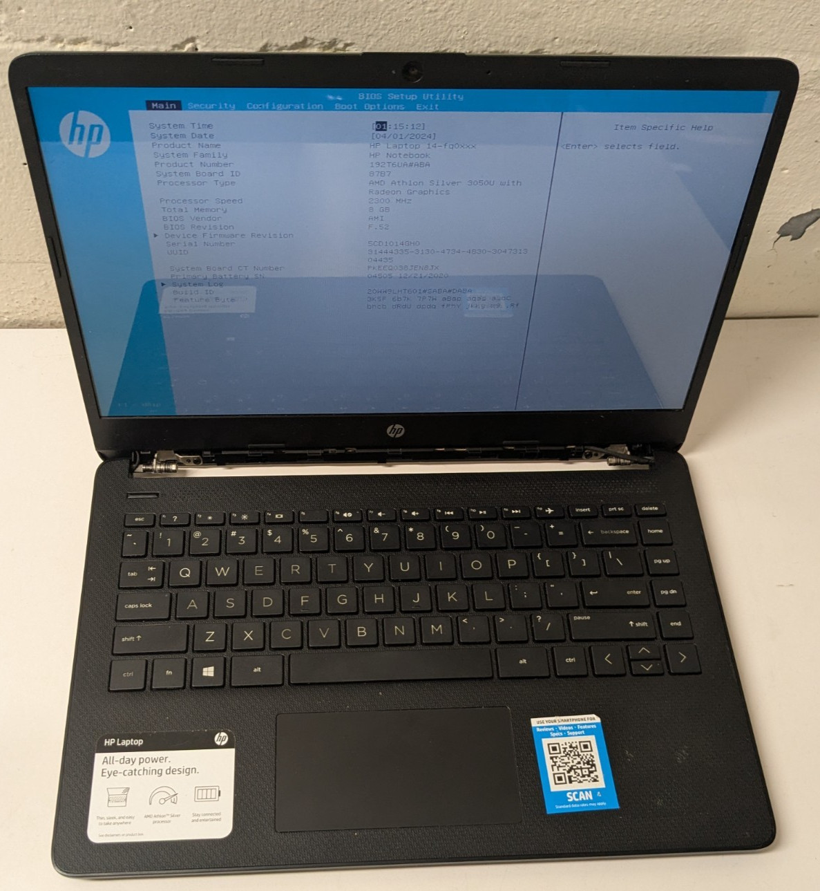 HP Laptop 14-FQ0013DX 14″ AMD Athlon Silver 3050U 8GB RAM 128GB NO OS READ