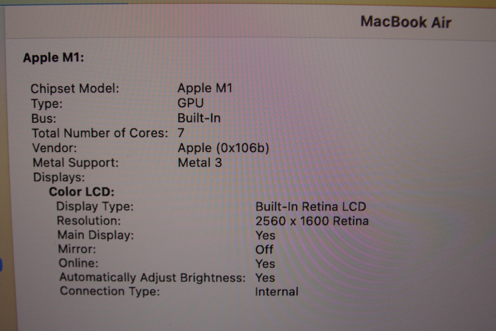 Apple MacBook Air A2337 13.3″ M1 (2020) 8CPU/7GPU 8GB 256GB MGN63LL/A OS Ventura