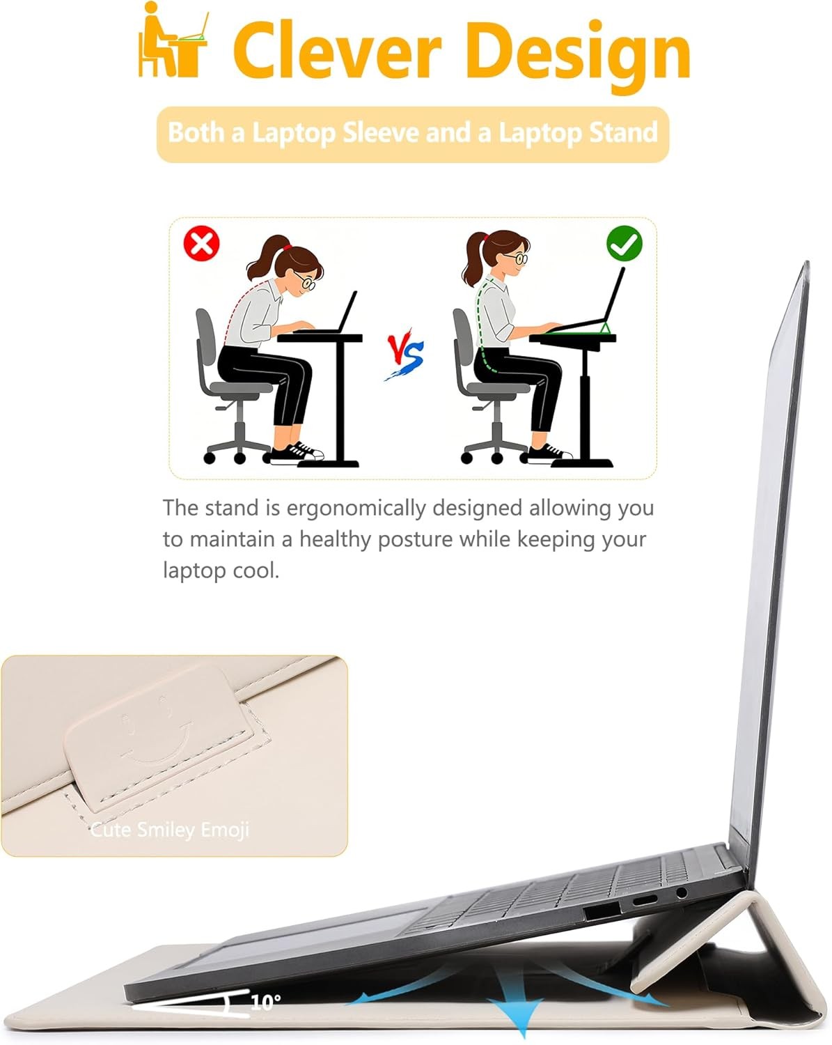 Beige Laptop Sleeve Case with Stand for 13″ MacBook Air 2018-2026, Pro & iPad