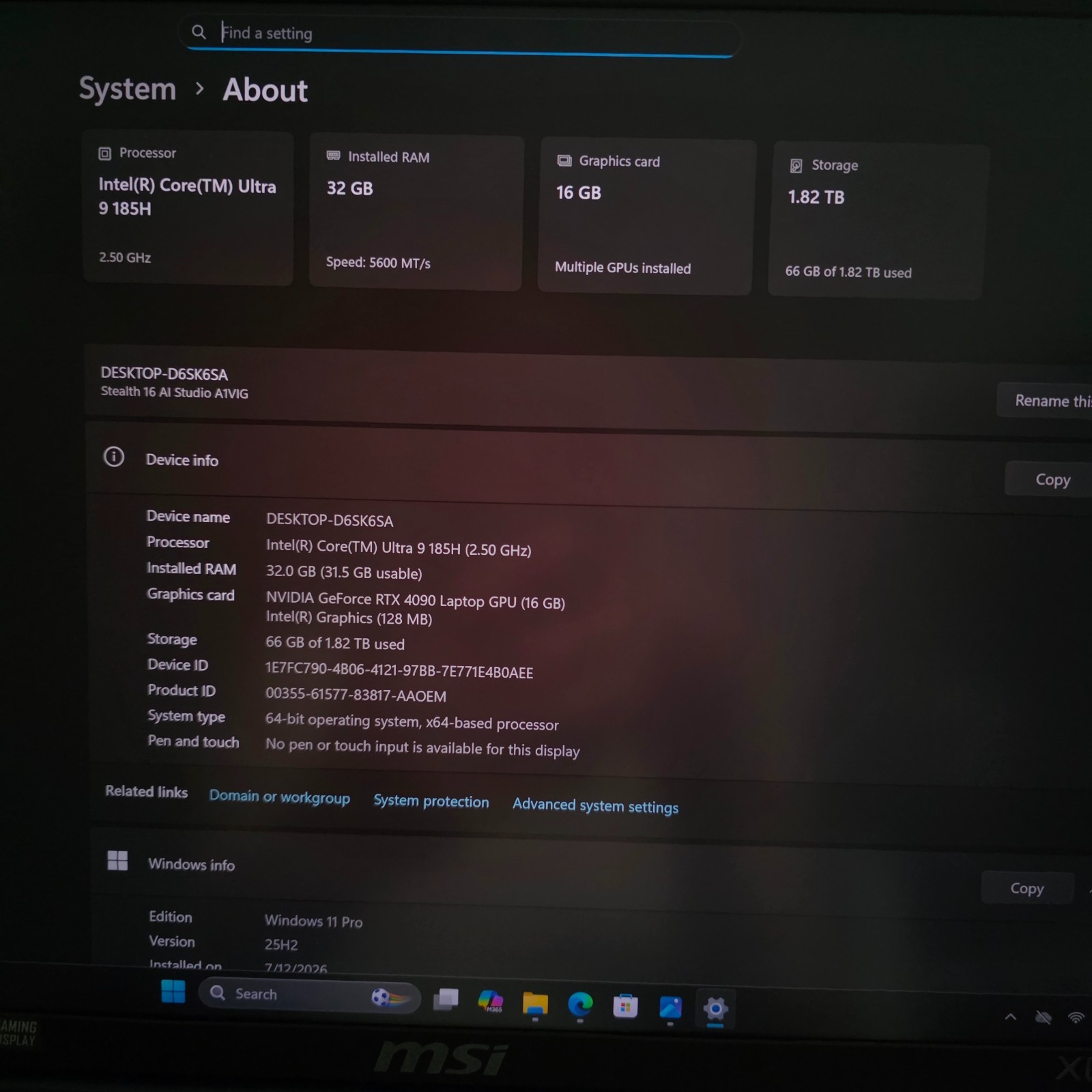 MSI Stealth 16 AI Studio 4K 120Hz Mini-LED Ultra 9 185H 32GB 2TB SSD RTX 4090