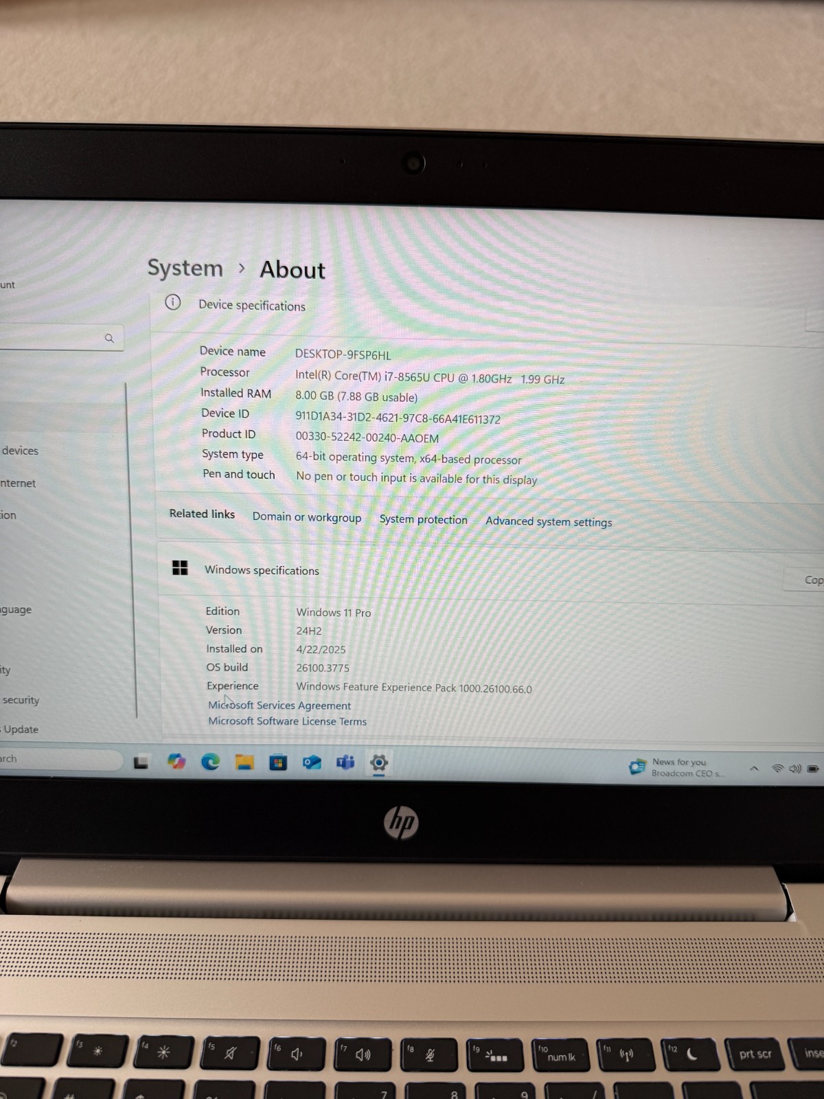 HP ProBook 440 G6 laptop Intel Core I7-8565U 1.80GHz, 8GB RAM 128 GB SSD